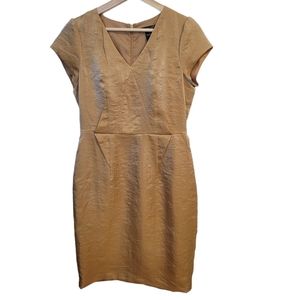 August Silk Metallic Gold Dress Sz 6 Fitted Party Dress Holiday Crinkle Crepe